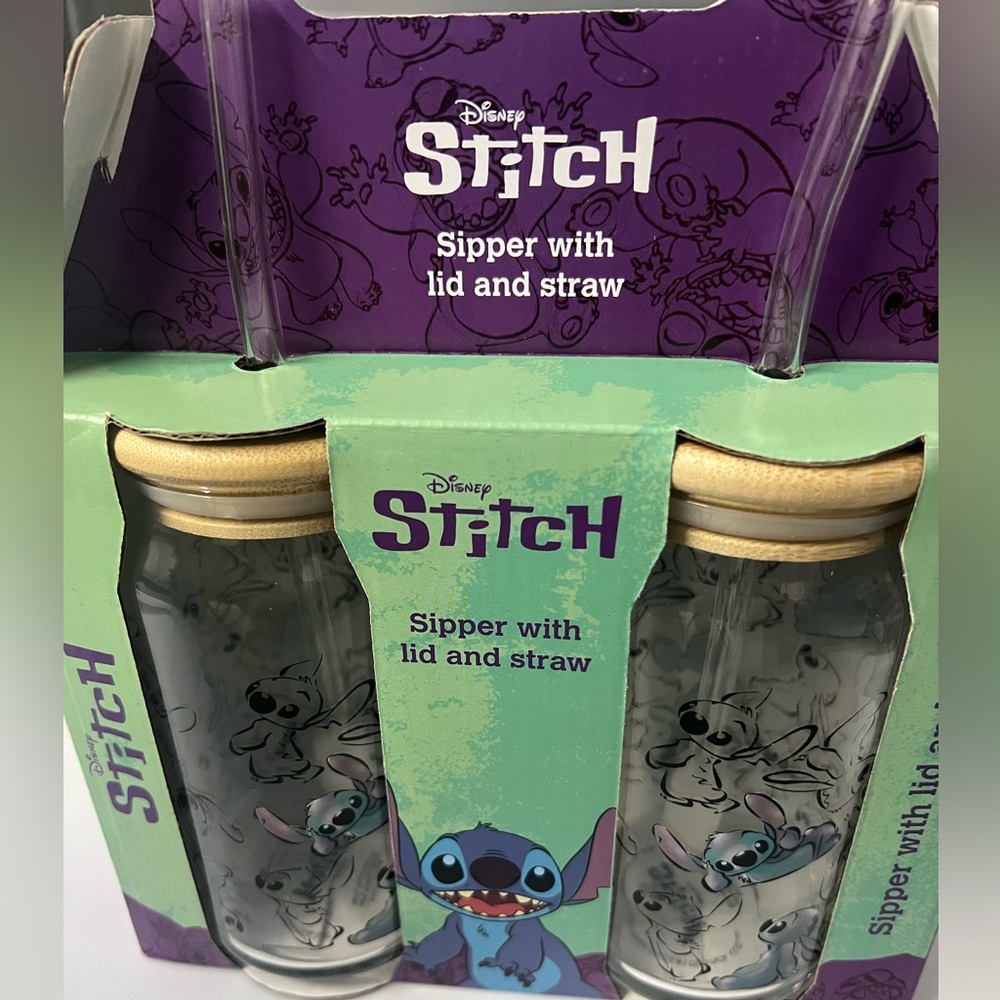 Disney Stitch Doodle Glass Sipper with Straws and Bamboo Lids Set of 2